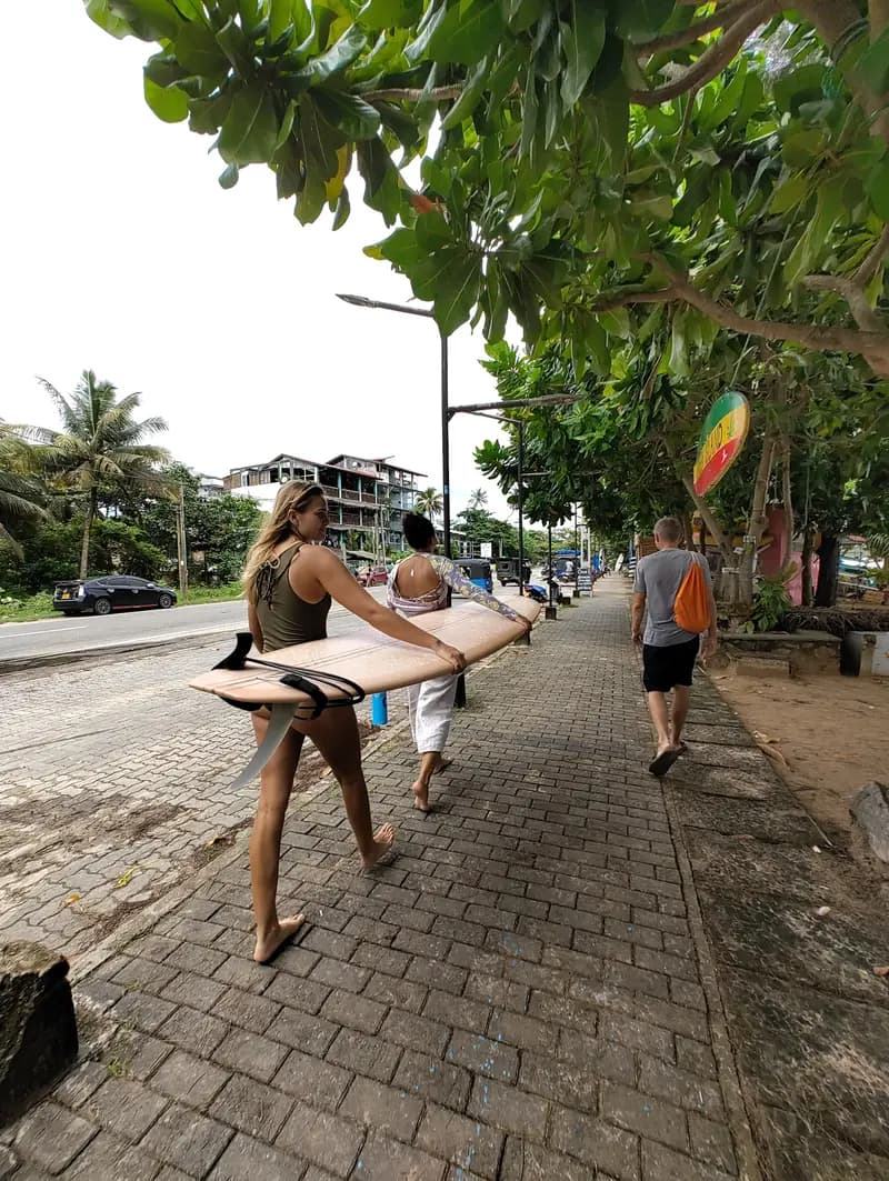 A guest carrying a surfboard along the tree-lined pavement towards the beach